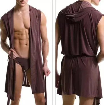 

4 Solid Color Mens Summer Bathrobes Silky Hooded Bathrobe Sleeveless Peignoir Homme Slip Hombre Gay Men Clothes Albornoz Hombre