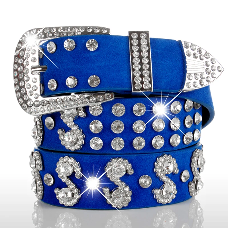 Diamond Mosaic Belts for Women Cinturones Mujer Ladies Blue Leather