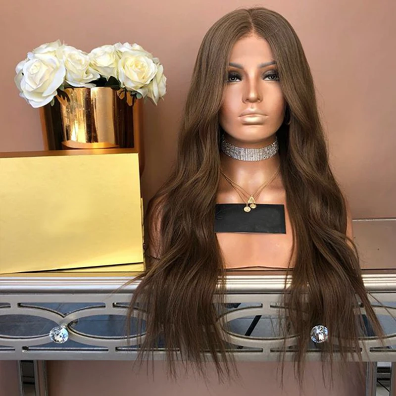 

SimBeauty #6 Brown Water Wave Lace Front Human Hair Wig Middle Part Glueless Brazilian Remy PrePlucked With Baby Hair Around