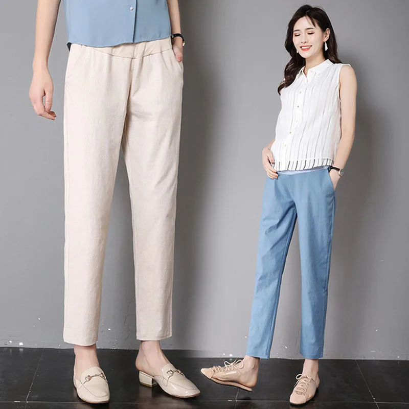 

Linen Maternity Ninth Pants For Pregnant Women Clothes High Waist Pants Capris Pregnancy Loose Casual Abdominal Pants Trousers