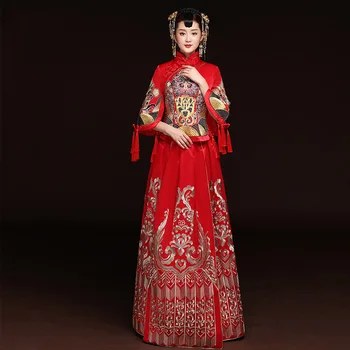 

Women Mesh Qipao Embroidery Ancient Chinese Style Bride Wedding Dress Floral Elegant Cheongsam Toast Clothing Marriage Gift