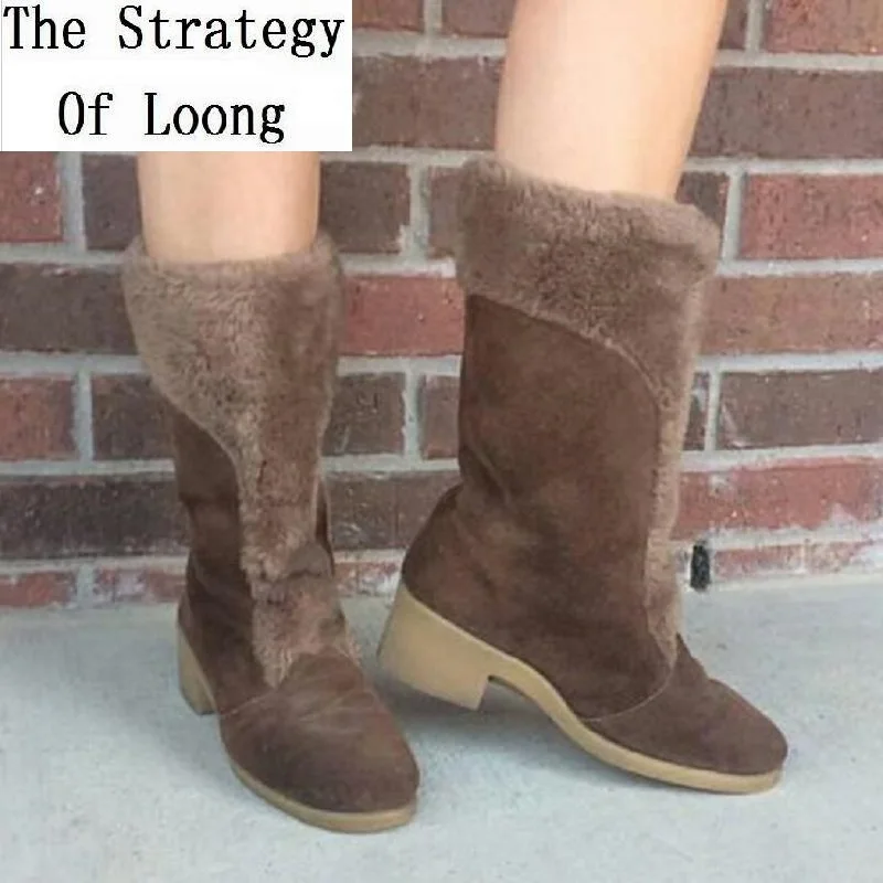 

2019 New Europe America Style Winter Plus Plush Women Cotton Boots Mid Calf Slip Thick Heels Antiskid Sole Patchwork Boots