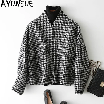 

AYUNSUE 2020 Plaid Wool Coat Women Spring Autumn Short Korean Jacket Houndstooth Ladies Coats and Jackets KQN37119-1 KJ2396