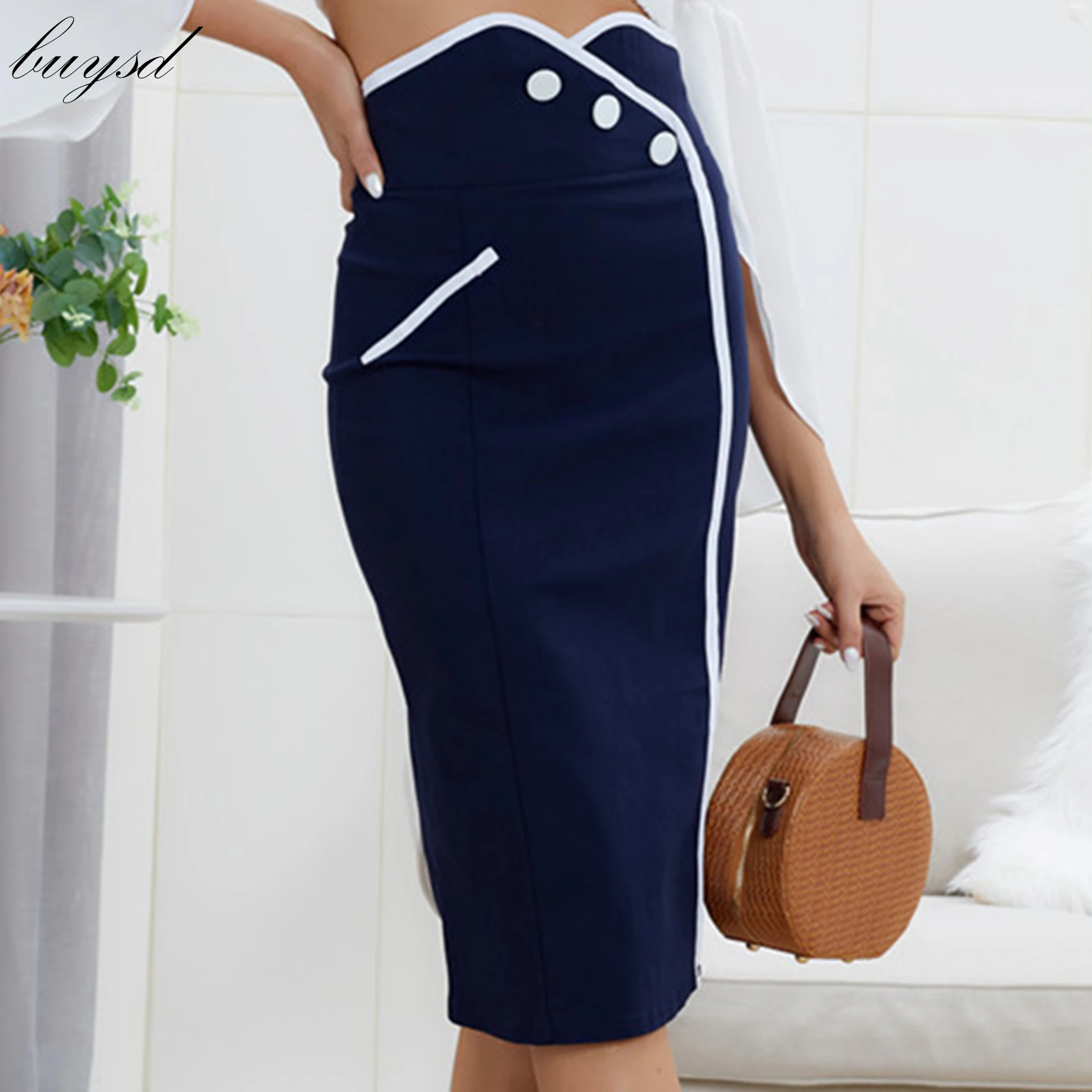 BUYSD новейший дизайн женское облегающее платье обтягивающее бедра прямые однотонные пуговицы карман до середины икры Империя повседневные офисные женские юбки