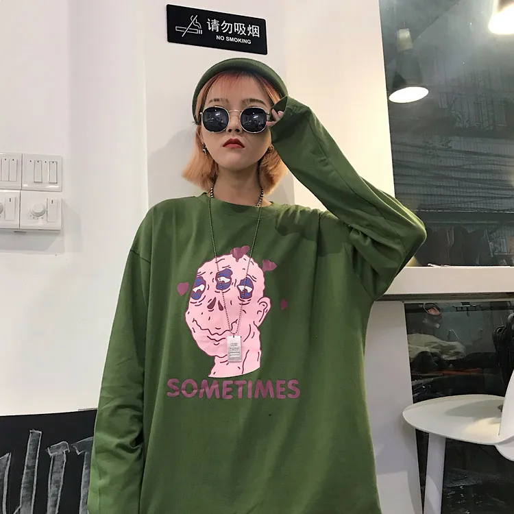 Осенняя модная женская футболка Корейская Ulzzang Harajuku Смешные Мультяшные принты с