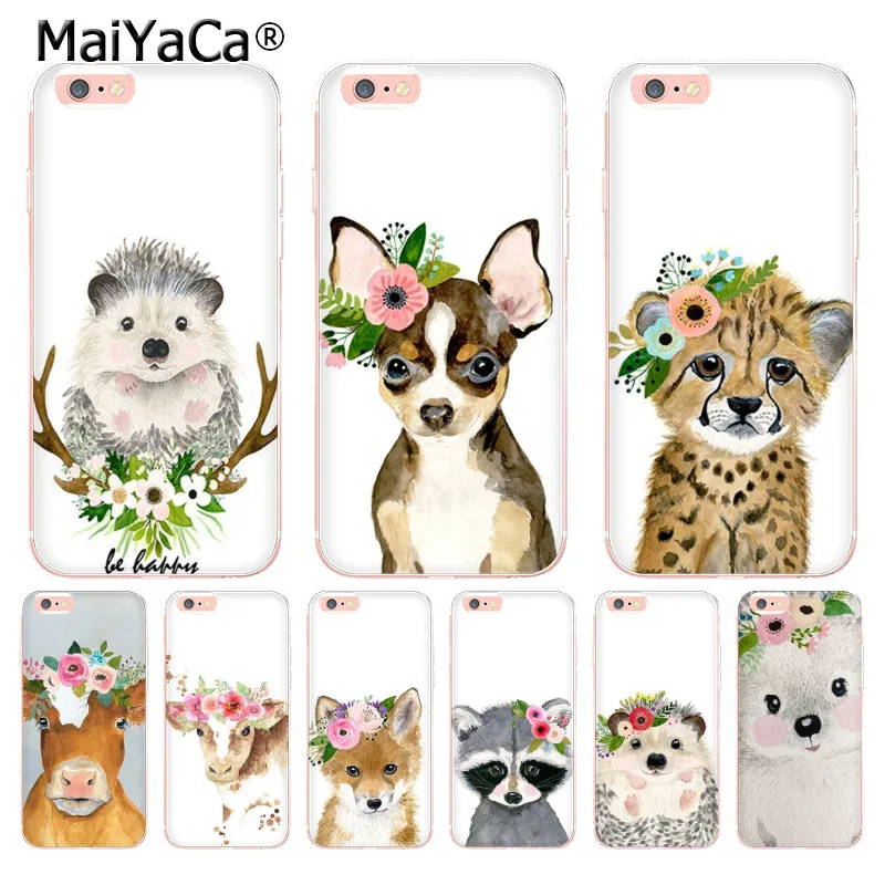 MaiYaCa Animal head wearing flowers hedgehog cow dog fox phone case for Apple iPhone 8 7 6 6S Plus X 5 5S SE XS XR XSMAX