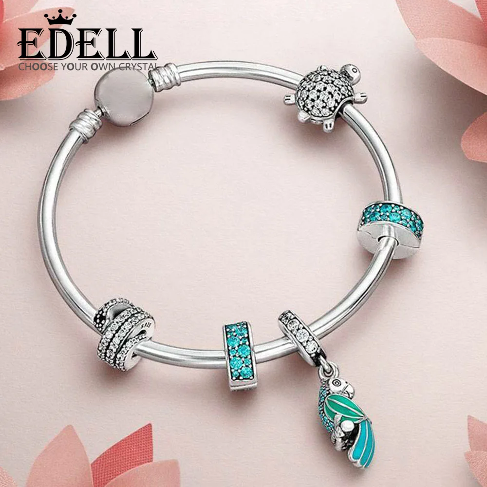 

EDELL 100% 925 Sterling Silver 1:1 Turtle with cubic zirconia Beaded TROPICAL PARROT HANGING CHARM Bangle Natural Charm Gift Set