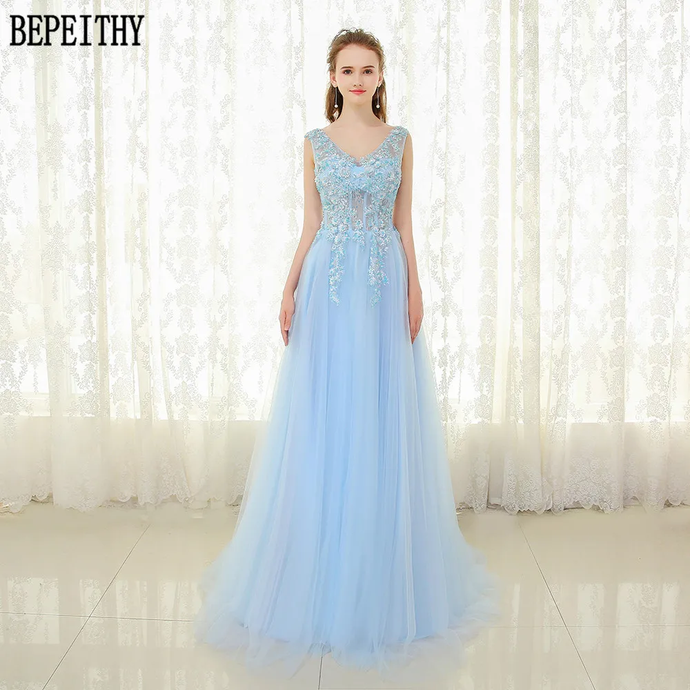 BEPEITHY Новое поступление vestido de festa А-силуэт Небесно-Голубой тюль v-образный Вырез Кружева Бисер Аппликация вечернее платье длинное платье для выпускного вечера