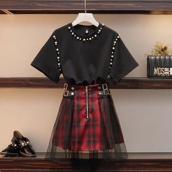 

L-4XL Large Size Women's Sets New Summer Beading Short Sleeve Top + Patchwork Gauze Short Skirts Female Suits