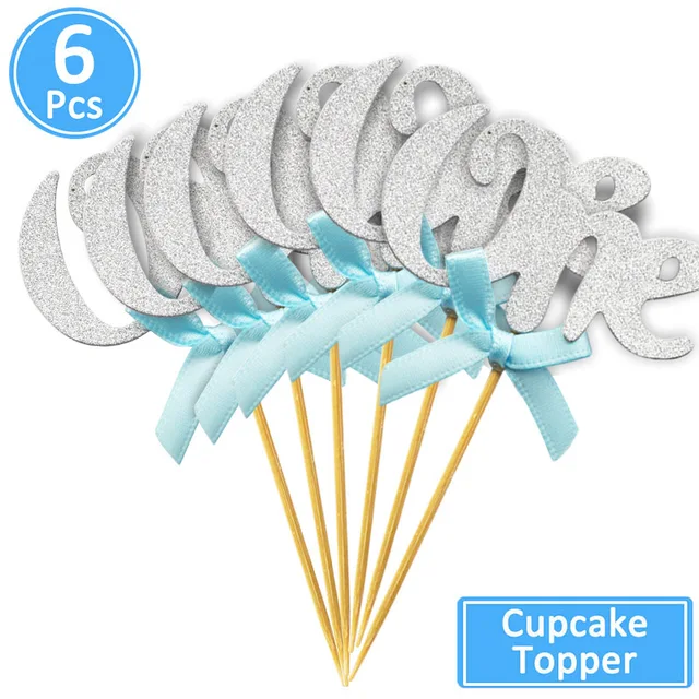 First Birthday One Cupcake Topper 1st Years Boy Girl DIY Party Decorations 1 Year Old Baby Birthday Decor Kids 6pcs silver blue on