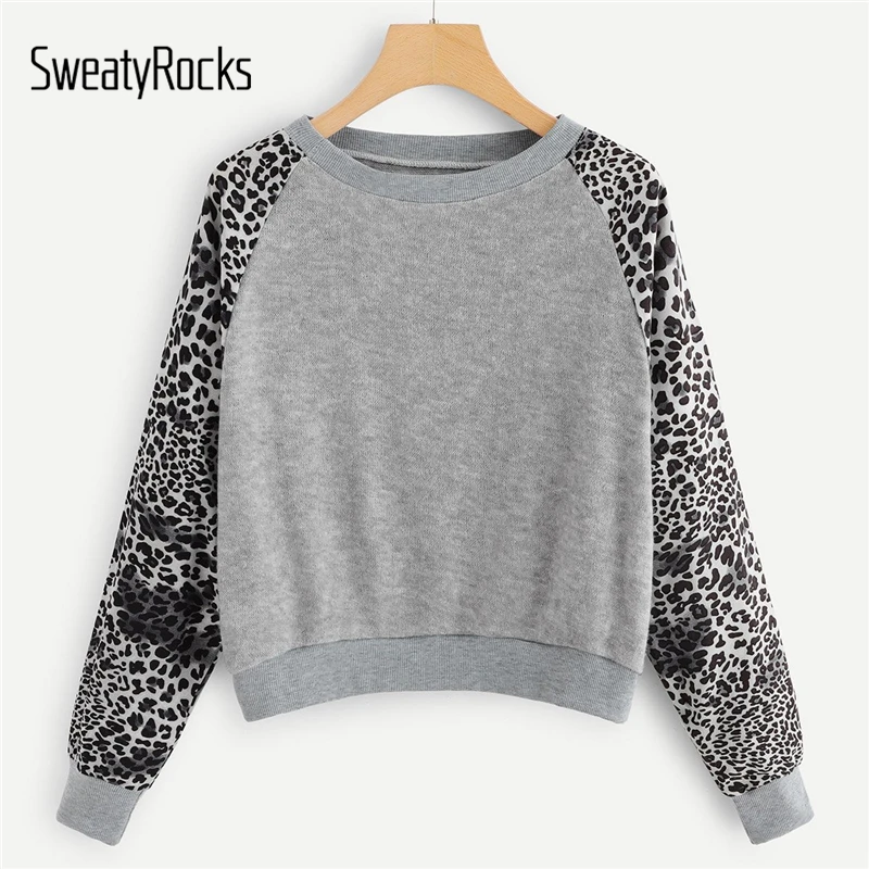 

SweatyRocks Grey Leopard Print Casual Pullover Sweatshirt Women Tops 2018 Autumn Long Sleeve Elegant Female Office Sweatshirts