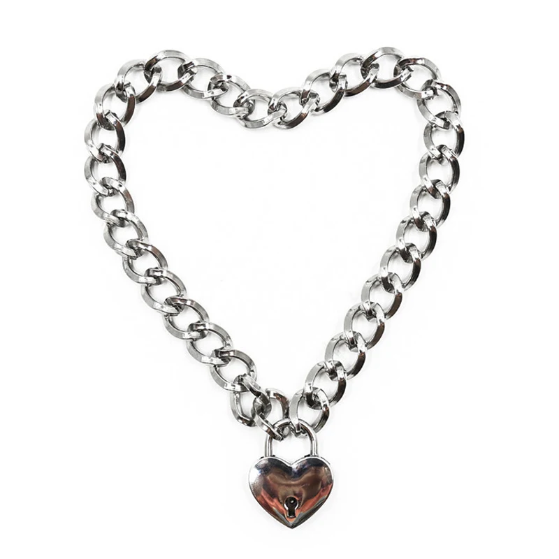 Fashion Materials Alloy Bold Iron Chain Heart Lock Collar For Women Men Sex Toys |