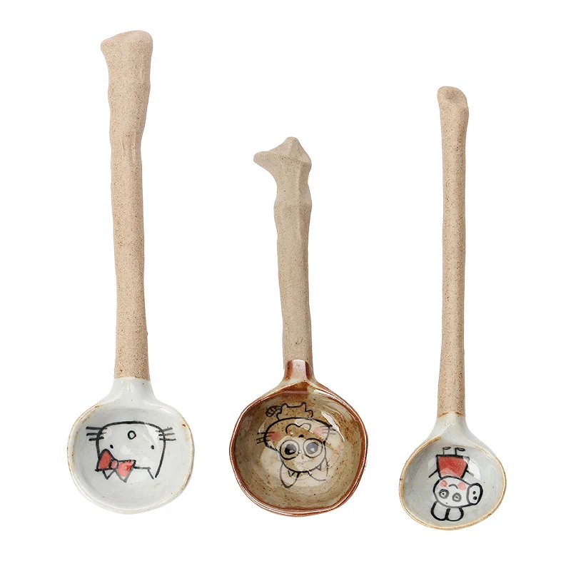 

Sale Zakka kitchen Ceramics Shi Round Khaki Parts Spoon / Stir Spoon long Cartoon Coffee Scoop