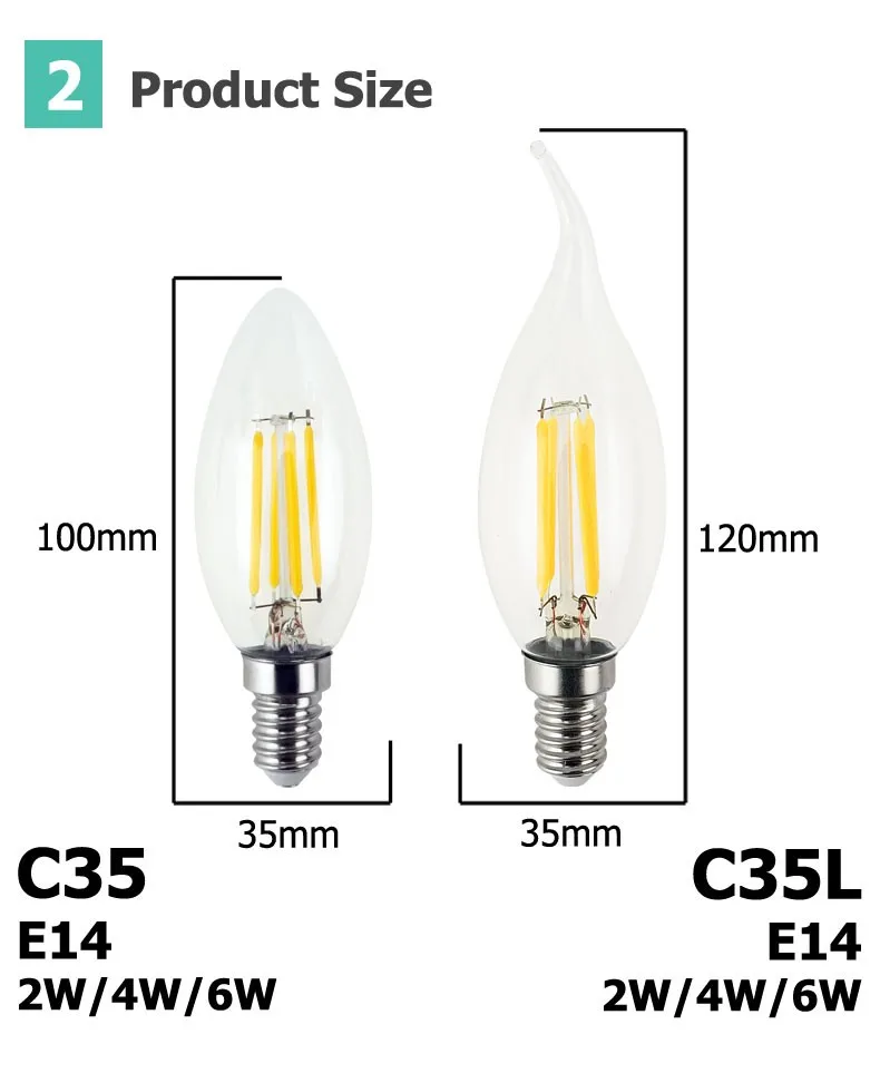 Диммируемый светодиодный светильник Эдисона C35/C35L E14, светодиодный светильник в виде свечи, Ретро Прозрачная лампа 2 Вт 4 Вт 6 Вт 220 в 240 в, Холодный/теплый белый для люстры