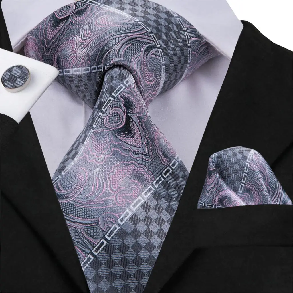 

Hi-Tie Mens Ties Silk Grey Floral Striped Tie Fashion Men's Formal Suit Tie Cufflinks Set Pink Grey Neckties 8.5cm Wide SN-3029