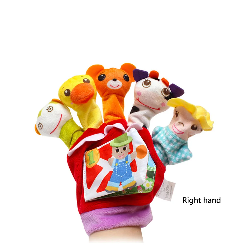Right hand Cute Cartoon Animal Finger Doll Hand Puppets Glove Plush Toys with Cloth Book Baby Early Education Comfort Toy - Цвет: Right hand