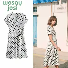 2019 Women Summer Dress V-neck Short-Sleeved Sashes Dresses Black And White Polka Dot Print Casual Dress v neck overlay dot print design playsuit in white