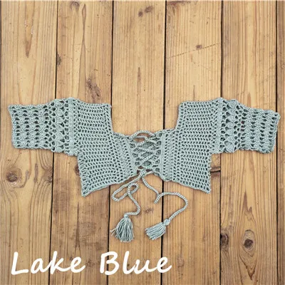 Комплект из 2 предметов, пляжная одежда, бикини, покрывающее связанное крючком бикини, ручная работа, топ, пляжная мини-юбка - Цвет: Lake Blue Top