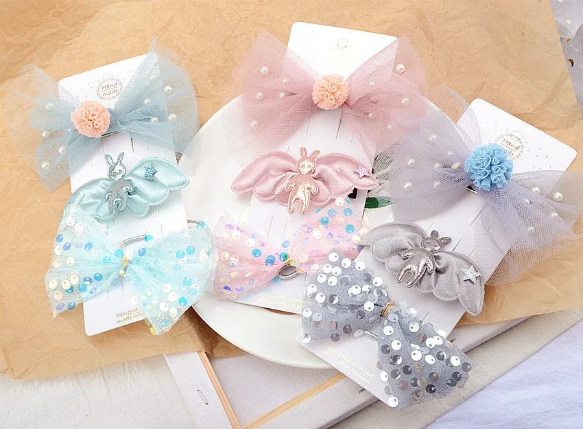 12Sets Fashion Cute Pom Pom Bow Hairpins Solid Angel Rabbit Hair Clips Glitter Sequin Bow Elastic Hair Bands Boutique Headwear