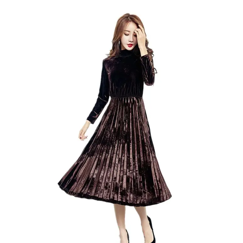 

Autumn Winter Women Gorgeous Long Dress Turtleneck Solid Elegant Work Vestido Wrist Sleeve Pleuche Plus Size Party Pleated Dress