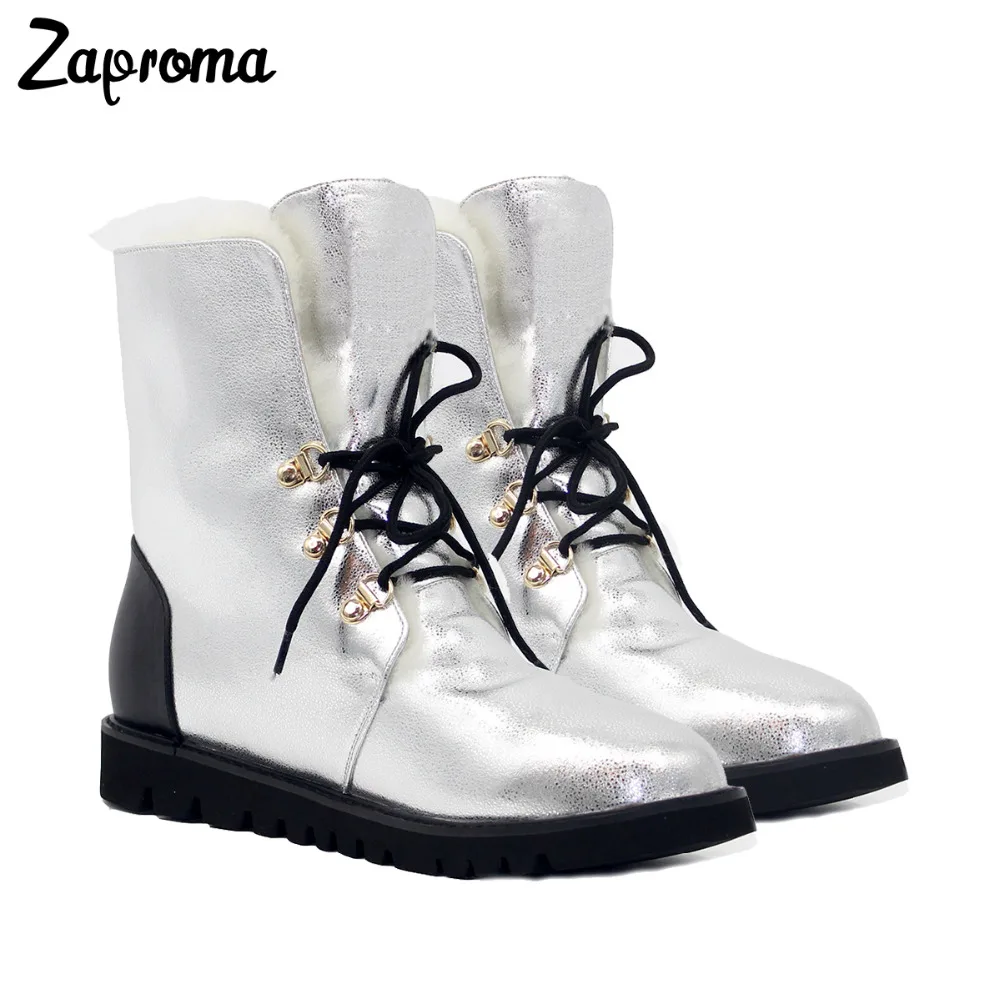 

Women Winter Boots Cow Leather Med Heel Platform Ankle Snow Boots Female Warm Wool Insole High Quality Botas Mujer Lace-Up