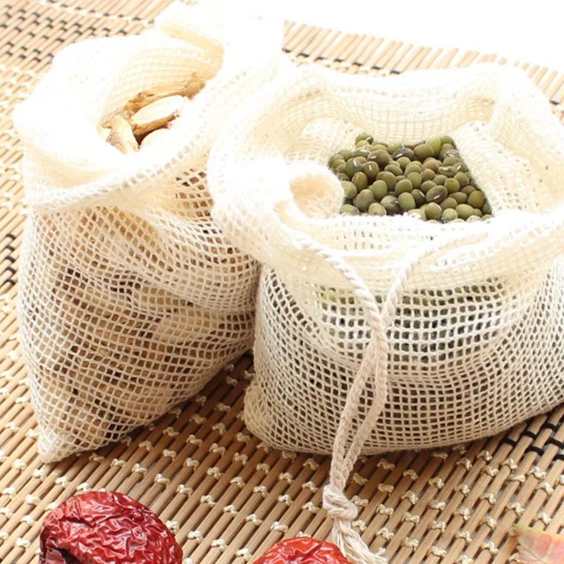 Органические многоразовые хлопковые пакеты для овощей, кухонные мешки для хранения фруктов, сетчатые сумки на шнурке, перерабатываемый сетчатый мешок из хлопка