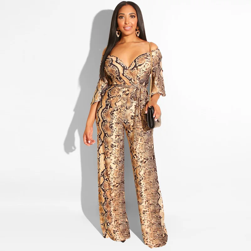 

2019 Summer Jumpsuit Snake Printed Sexy V Neck Half Sleeves Wide Leg Fashion Overall Printing Female New Playsuits Drop Shipping