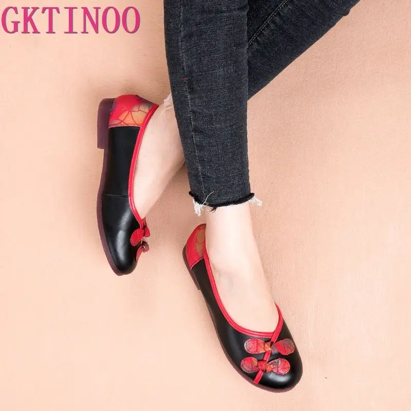 

GKTINOO 2019 Spring Fashion Flower Round Toe Mixed Colors Flat Shoes Autumn Retro Genuine Leather Women Flats Girl Loafers