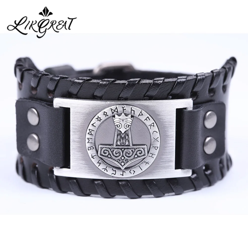 

LIKGREAT Viking Wide Leather Wrap Bracelet Men Thor's Hammer Axe Charm Bracelets Vintage Nordic Runes Jewelry Accessories
