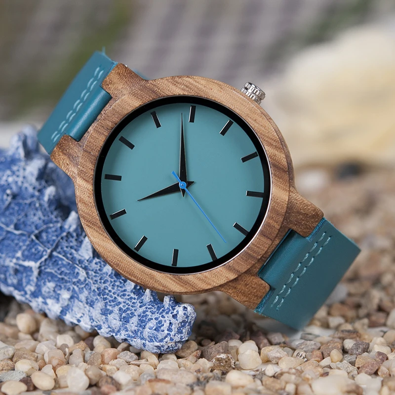 BOBO BIRD Men Zebra Wood Watches relojes hombre Quartz Wristwatches Male Leather Strap in Gifts Drop ship Turquoise blue
