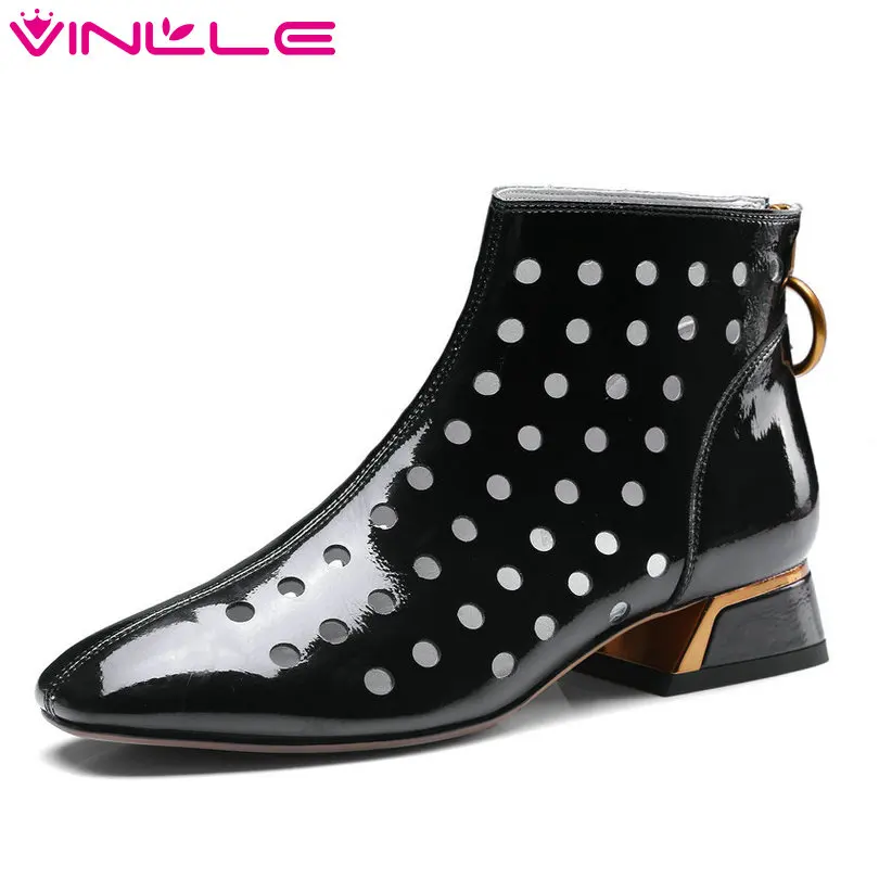 

VINLLE 2018 Summer Fashion Women Pumps Square Low Heel Cut Outs Genuine Leather Black Zipper Ladies Casual Shoes Size 34-42