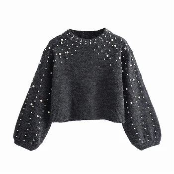 

Women Elegant Pearls Beading Decorate Knitted Sweaters Long Sleeve Stretchy Loose Pullovers Short Style Female Casual Tops