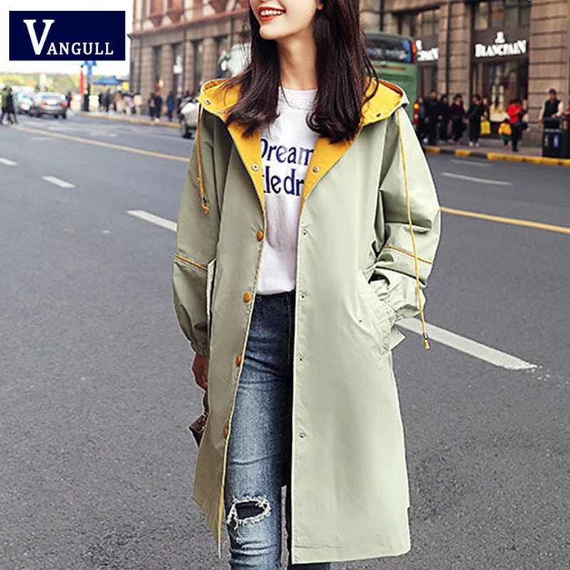 

Vangull Women Hooded Trench Coat Female Long Loose Wind coat 2019 Autumn New Fashion Single Breasted Solid Drawstring Outerwear
