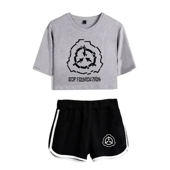 

The Newest SCP Foundation Women's/girl's two-piece sets Hot Summer print short Exposed Navel Gray T-shirt+black pants sets