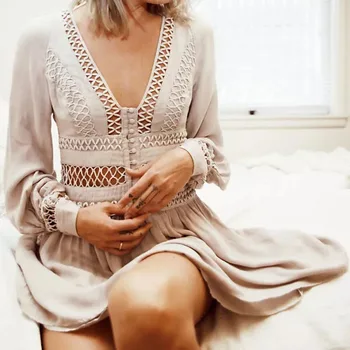 

2017 Spring Nude Color Hollow Big Hem Cotton Cute Sweet Solid Above Knee Mini Lantern Sleeve V-Neck Zipper Women Girls Dresses