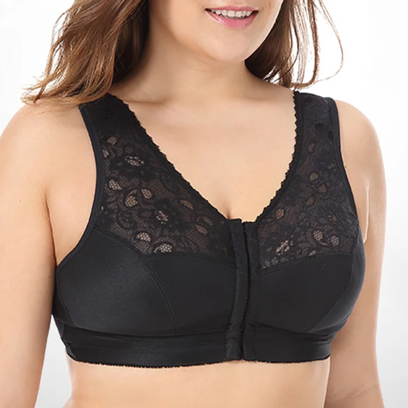 Women's Front Buckle Sports Bras Breathable Solid Color Floral Lace