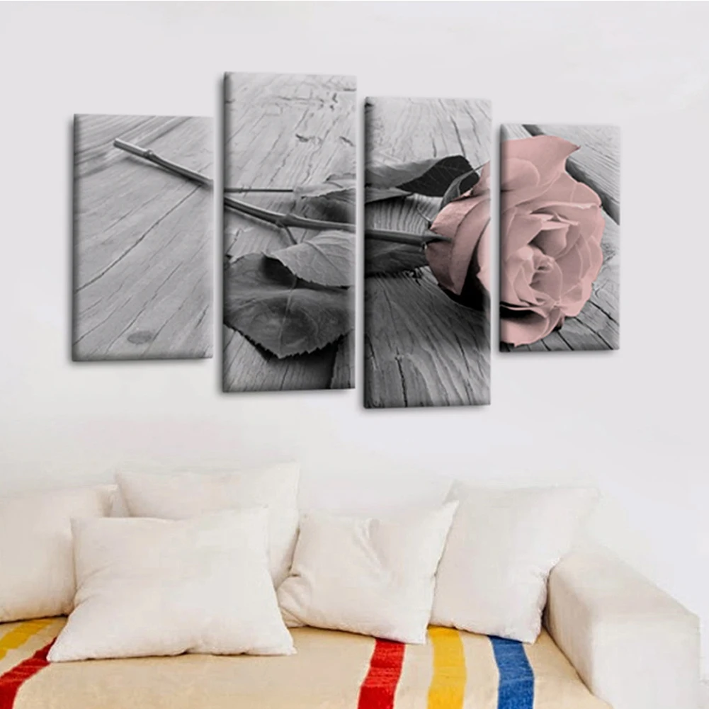 4Pcs Floral Wall Prints Pictures Modular Wall Art Posters Framework Pink Love Rose Paintings for Valentine's Day Home Decor