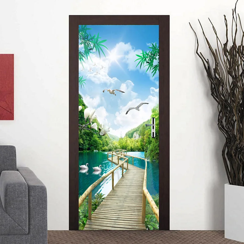 Wood Bridge Nature Landscape 3D Mural PVC Door Sticker Living Room Bedroom Self-adhesive Waterproof Door Wallpaper Home Decor