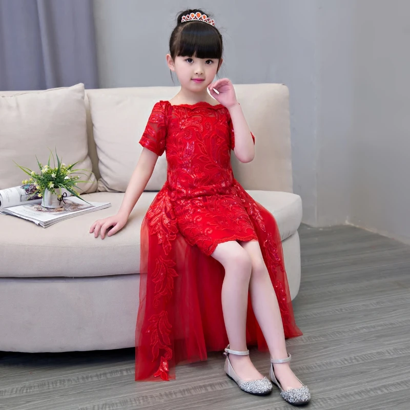 

Red/White Fashion Popular Girls Children Princess Party Dress With Tail Wedding Birthday Embroidery Dress Kids Pageant Dress