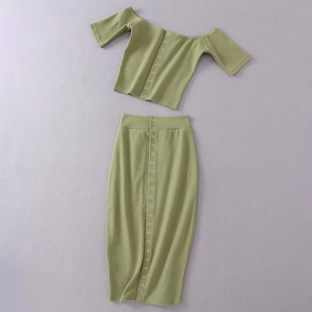 

Solid Front Button Knitted 2 Piece Set Women Suit Bodycon Slim Crop Top and Skirt Set Summer Outfit Two Piece Set