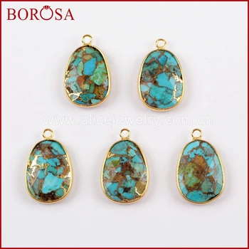 

BOROSA Jewelry 5/10PCS Gold Color Copper Natural Turquoises Charm Natural Blue Stone Charms Pendant Jewelry for Necklace G1632