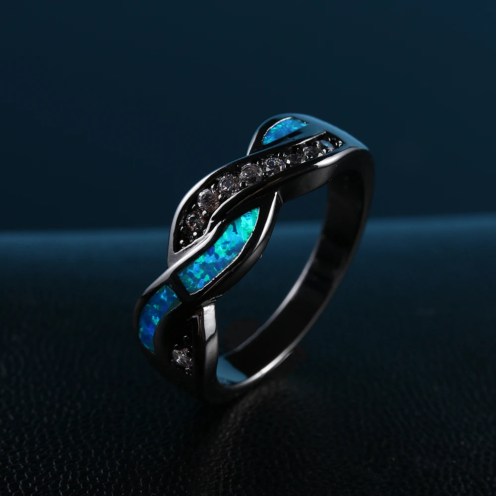 Новые винтажные кольца с черным пистолетным покрытием, волнистые кольца с Синим Опалом для женщин, модные ювелирные изделия, вечерние, скрещенные цирконием коктейльные кольца для свадебного подарка
