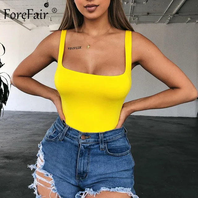 US $8.49 Forefair Neon Summer Body Top 2019 Summer Square Neck Basic Sleeveless Rompers Womens Jumpsuit Sexy