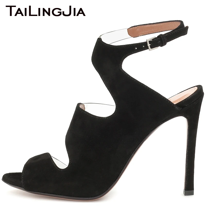 

Faux Suede Peep Toe Fashion Woman Boots Summer High Heel Brand Clear Transparent PVC Sandals Big Size Free Shipping Wholesale
