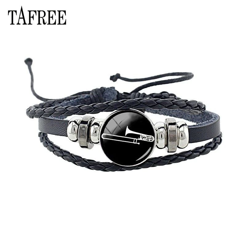 

TAFREE Musical Instrument Saxophone Accordion Art Print Charms Bracelet Kids Boy Punk Multilayer Leather Bracelet Jewelry T502