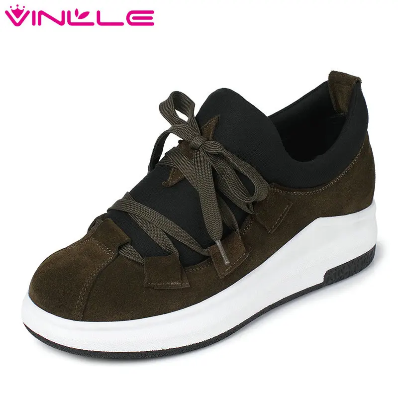 

VINLLE 2017 Women Pumps Wedges Med Heel Genuine Leather Lace Up Fashion Shoes for Spring Autumn Women Casual Shoes Size 34-39