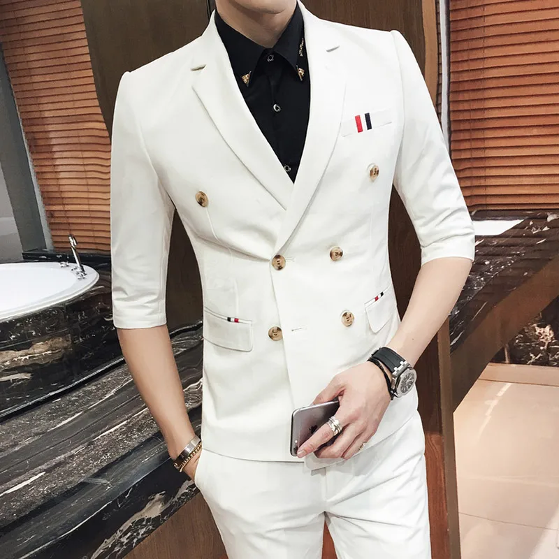 

Asian size 2019 Latest Spring and summer Slim casual suits half-sleeve Double Breasted Suit male Solid color handsome slimming