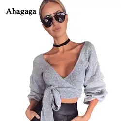 Ahagaga 2017 осень-зима футболки женские модные топы, с длинным рукавом Пояса Sexy v-образным вырезом Для женщин футболки Blusas