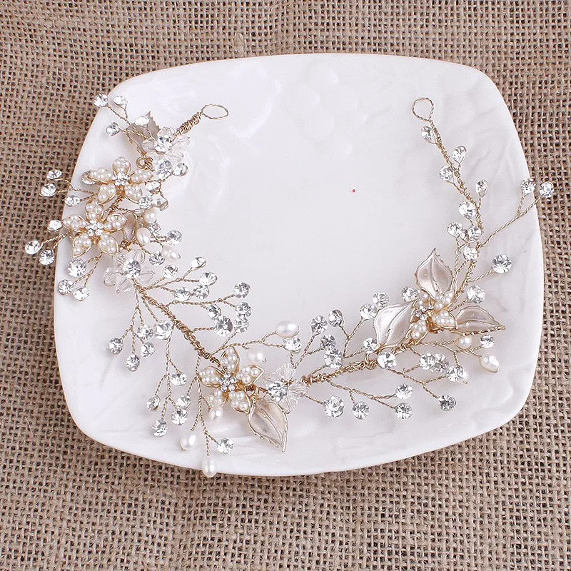 

SLBRIDAL Gorgeous Handmade Wired Crystal Rhinestones Pearls Flower Leaf Wedding Hair Vine Headband Bridal Headpiece Hair Jewelry