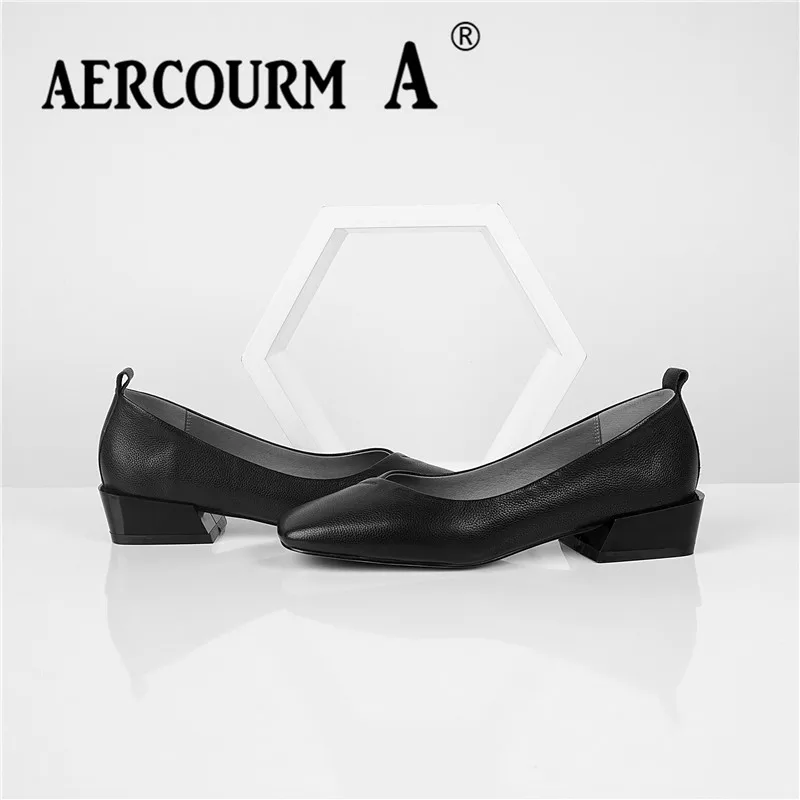 Aercourm A/ Женские однотонные туфли-лодочки, женские туфли из натуральной коровьей кожи, туфли-лодочки на низком квадратном каблуке, новые весенние женские туфли коричневого и черного цвета